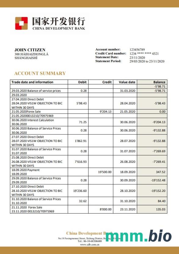 China Development Bank statement template in .xls i .format pliku pdf
